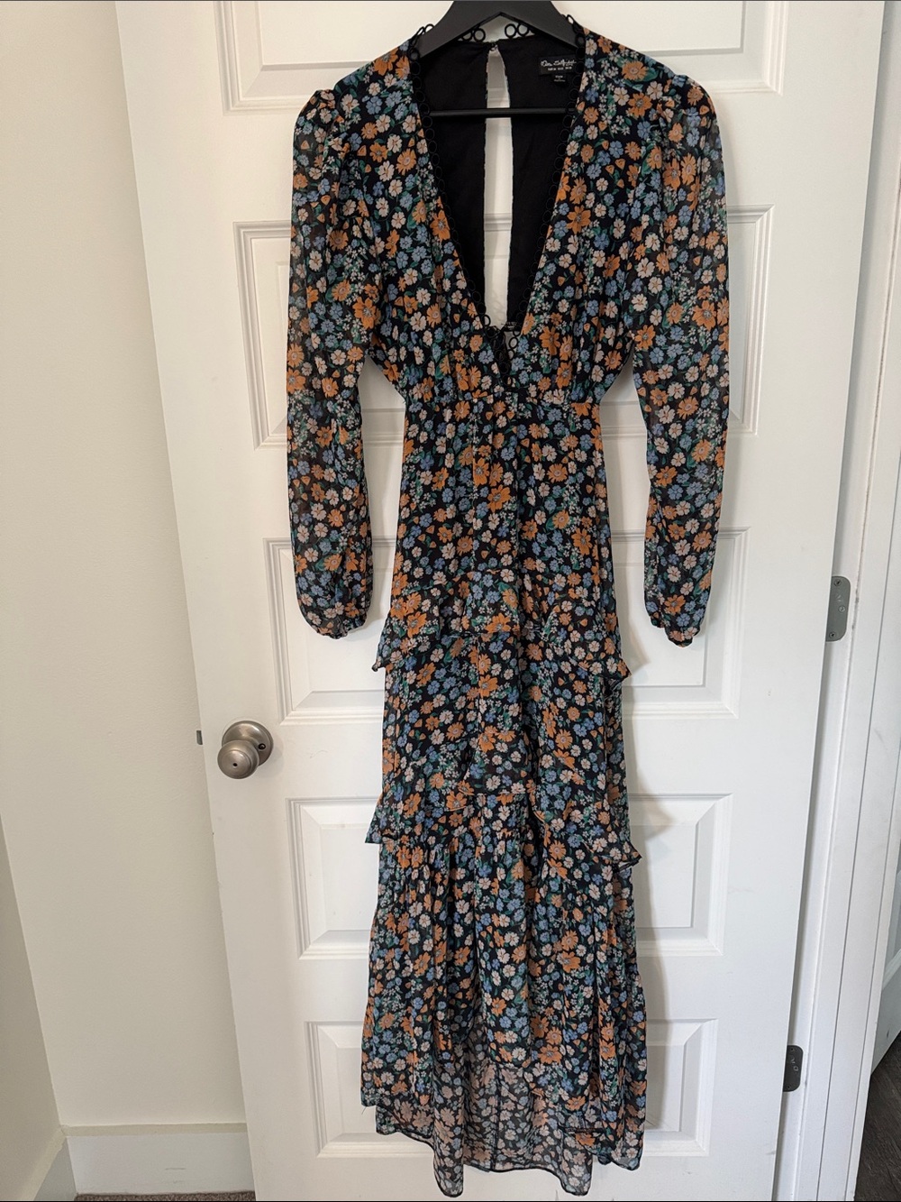 Black Maxi Dress with Blue & Tan Floral Print